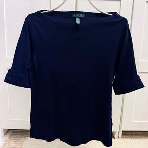 LRL Lauren Ralph Lauren Navy Boatneck 3/4 Sleeve 100% Cotton Shirt Size XL